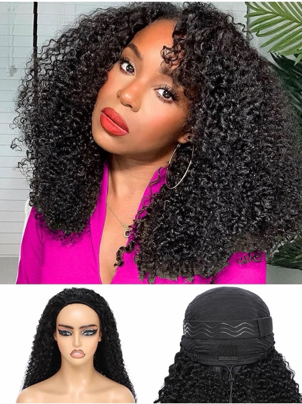 14” Kinky Curly Half Wig Human Hair 3 In 1 Seamless Flip Over 200% Density #100